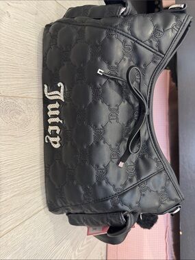 Black Quilted Shoulder Bag with Script Accent and Bow Detail
